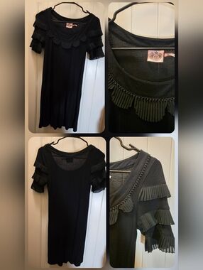 Juicy Couture Black Midi Dress with Pleated Fringe Sleeves